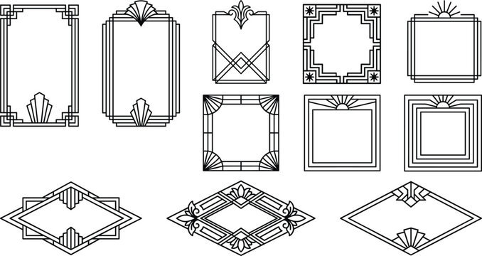 Elegant Art Deco Frame Line Art Vector Elements Set Featuring Vintage Geometric Borders Fan Ornaments and Rhombus Badges for Luxury Card Design