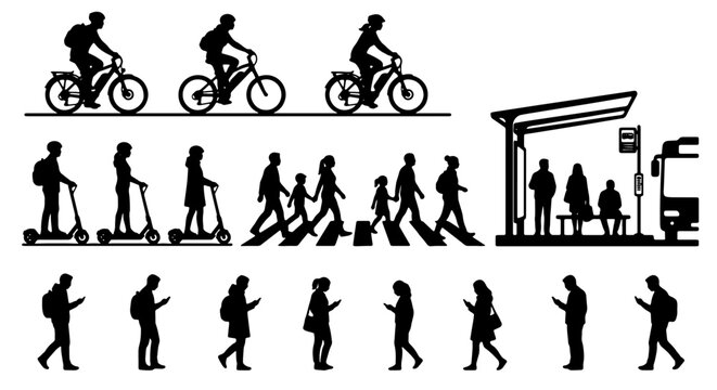 Urban Mobility Silhouettes: Cyclists, Scooters, Pedestrians, and Bus Stop Scene Vector Set for City Life Graphics