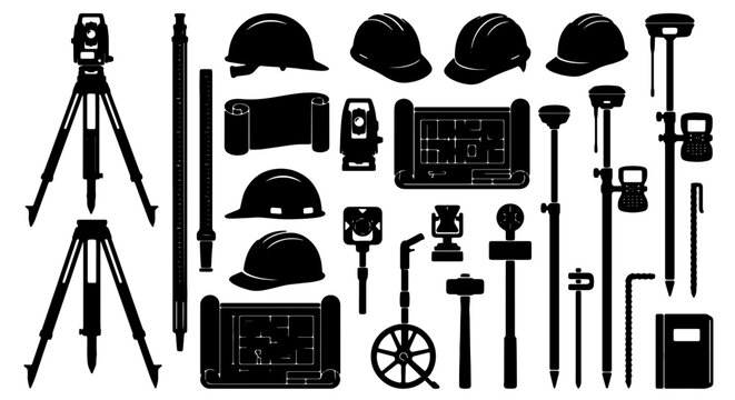 Surveying Equipment Icons Set, Construction Tools Collection, Engineering Instruments Vector Graphics, Precision Measurement Devices