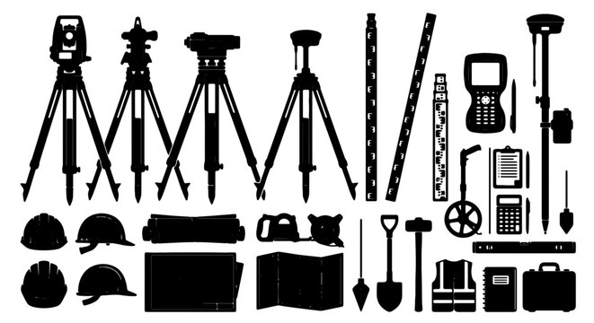 Surveying Equipment Collection, Precision Measurement Tools, Construction Site Gear, Engineering Instruments, Vector Icons Set
