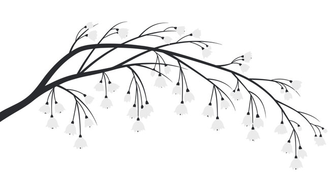 Minimalist illustration of a branch with white bell-shaped flowers hanging down conveys a sense of peace and natural elegance.
