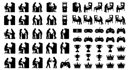 Retro Arcade Game Icons, Vintage Video Game Silhouettes, Classic Gaming Machine Graphics, Player and Trophy Vector Set © Zubair