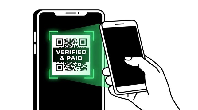 QR code scanning for mobile payment verification, hand holding smartphone for digital transaction, verified and paid status on screen