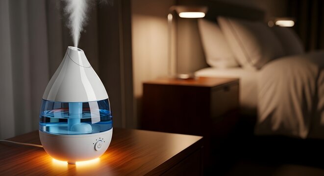 Aromatherapy diffuser misting in a dimly lit bedroom beside a nightstand with a warm glow