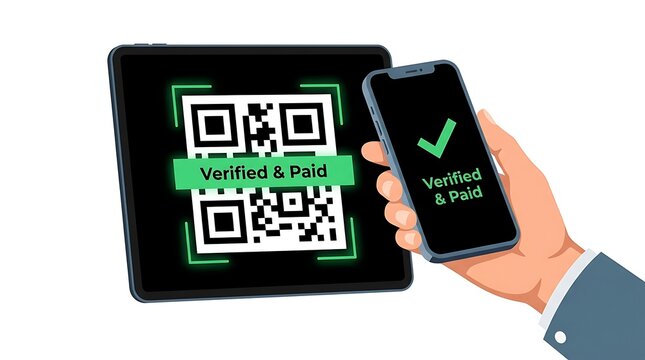 QR code payment verification on smartphone, digital mobile wallet transaction, hand holding phone with verified and paid confirmation screen
