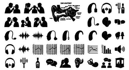 Hearing Aid Icons and Ear Anatomy Vector Set: Audiology, Sound Waves, and Communication Symbols for Medical and Health Graphics © Suman