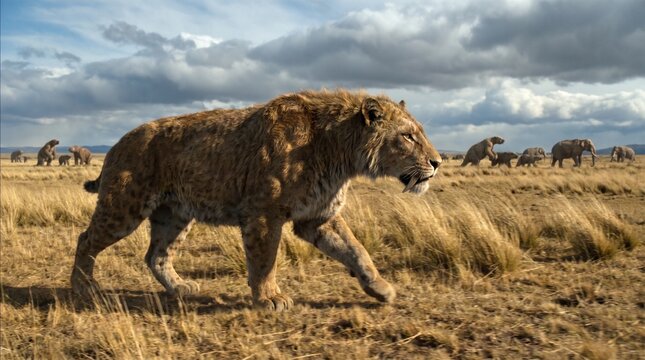 Smilodon A prehistoric saber-toothed cat prowls across a dry, grassy plain with a herd of mammoths in the background. The scene depicts a wild, ancient landscape under a cloudy sky