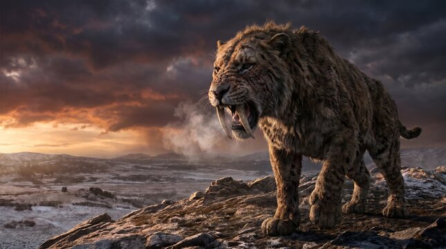 Smilodon A majestic saber-toothed cat, also known as a Smilodon, stands on a rocky outcrop under a dramatic, stormy sky. Its powerful build, sharp fangs, and fierce expression convey a sense of raw.