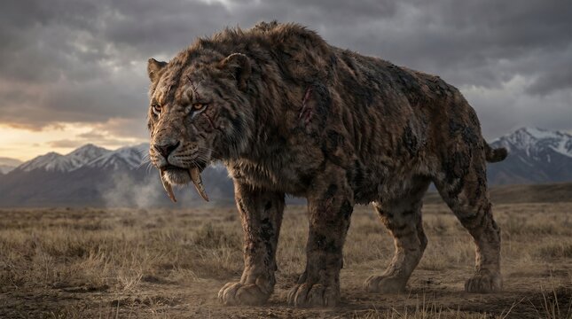 Smilodon A fierce saber-toothed tiger prowls across a barren landscape under a dramatic, cloudy sky, with distant mountains in the background.