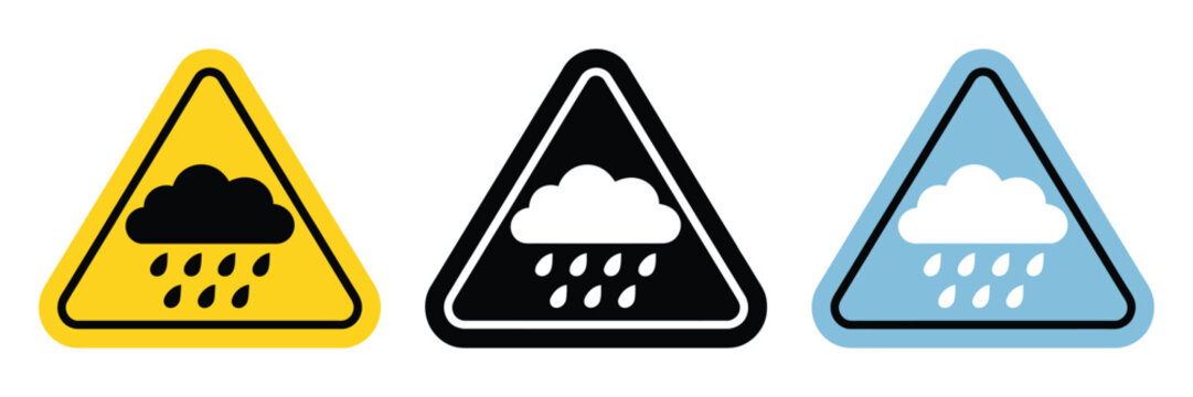 Rain Warning Sign Icon Set, cloud and raindrops symbols, yellow black and blue triangle weather alert styles, minimal flat vector illustration for forecasting warning interface design and safety 
