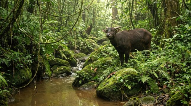 Alert Anoa Standing Still Grazing Near a Small Muddy Stream in the Lush Tropical Rainforest Wilderness, Capturing the Wild Essence of Rare Indonesian Bovine Wildlife in a Cinematic Widescreen View.
