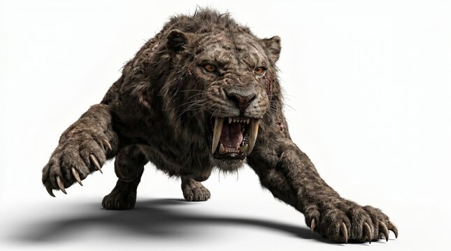 Smilodon A ferocious saber-toothed tiger lunging forward with its mouth open, revealing sharp teeth and prominent fangs. The creature is depicted with a muscular build and shaggy fur, poised to strike