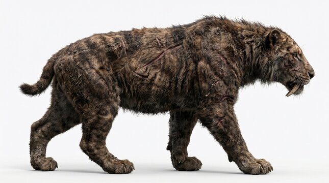 Smilodon A prehistoric saber-toothed cat walking confidently, showcasing its powerful build and distinctive fangs