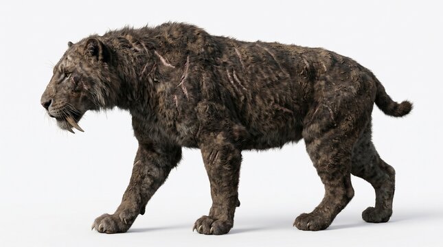Smilodon A realistic depiction of a saber-toothed cat walking forward. The creature has a dark, shaggy coat and large fangs protruding from its upper jaw. It appears powerful and prehistoric