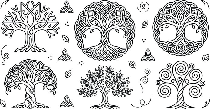 Celtic Tree of Life Line Art Vector Elements Set Featuring Yggdrasil Sacred Trees and Triquetra Trinity Knots for Spiritual Branding and Tattoos