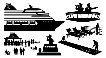 Cruise Ship Icons, Nautical Navigation, Leisure Activities, and Passenger Silhouettes, Vector Set for Travel and Maritime Themes © Suman