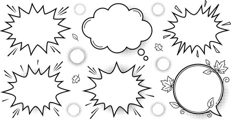 Comic Book Speech Bubble Line Art Vector Elements Set Featuring Halftone Textures Spiky Explosions Cloud Thought and Autumn Leaf Detailed Frames © MSTSULTANA