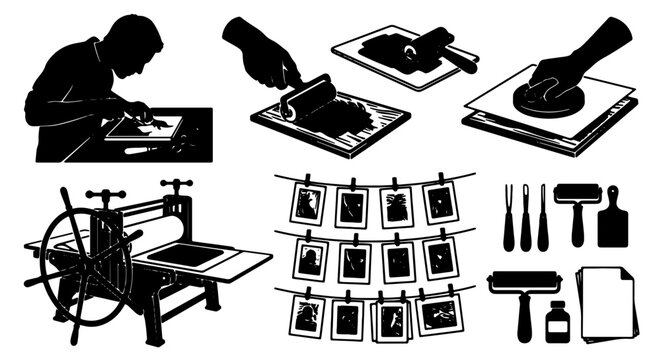 Printmaking Tools and Techniques Vector Set, Artist Creating Art, Ink Rollers, Printing Press, Drying Photos, Graphic Design Elements