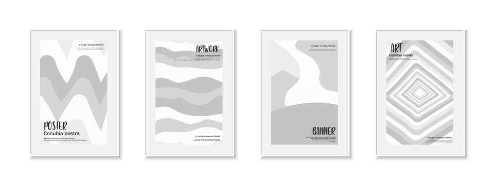 Collection of drawing art creative covers. Fashion style monochrome trendy design. White and gray striped posters with hand drawn shapes and spots