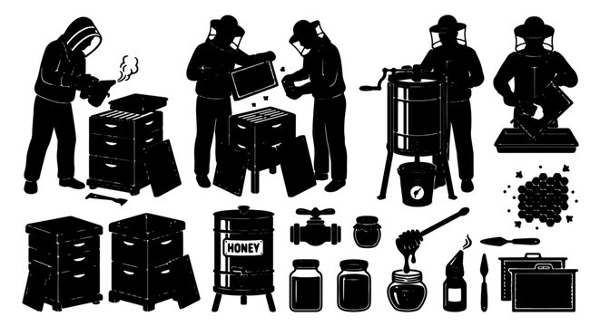 Beekeeping Set, Apiary Equipment Icons, Honey Production Vector Graphics, Beekeeper Tools and Hive Elements
