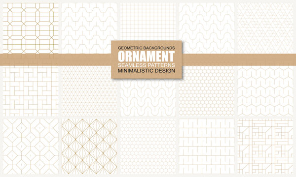 Collection of golden seamless ornamental luxury geometric patterns - outline rich minimalistic design. Repeatable elegant royal backgrounds. Symmetry endless prints