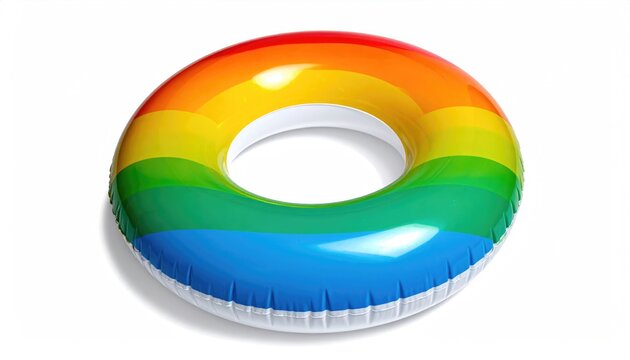 Inflatable rainbow-colored ring float on a white background
