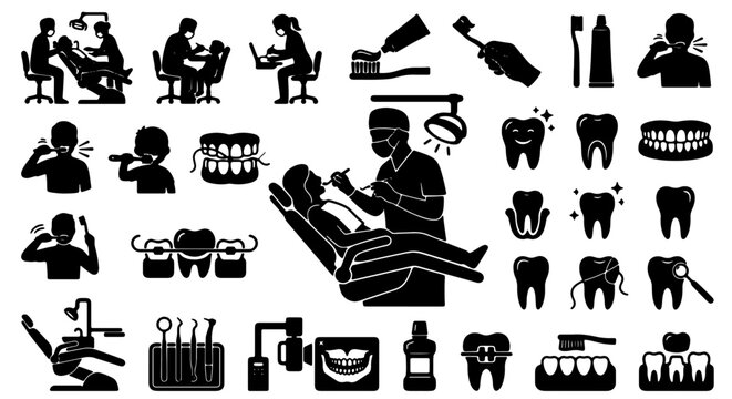 Dental Care Icons Set, Dentist Tools and Oral Hygiene Vector Graphics, Toothbrush and Teeth Illustrations for Health and Medical Concepts