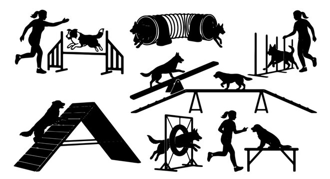 Dog Agility Training Set, Canine Obstacle Course Vector Silhouettes, Pet Sports Competition Graphics, Active Dog and Handler Illustrations