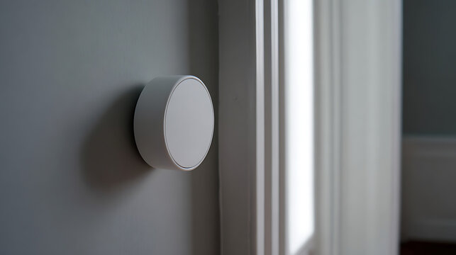 Modern white circular smart home device mounted on a gray wall next to a bright doorway, minimalist interior for technology integration