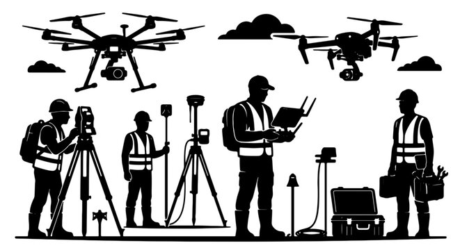 Drone Surveying Equipment and Professionals, Aerial Mapping Technology, Precision Measurement Tools, Construction Site Operations, Vector Illustration Set