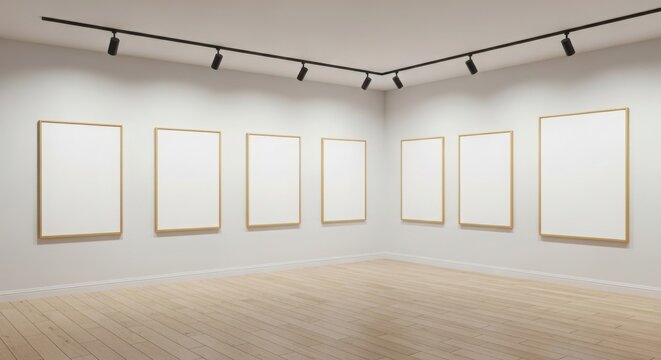 Minimalist art gallery interior with white walls featuring seven empty blank wooden photo frames