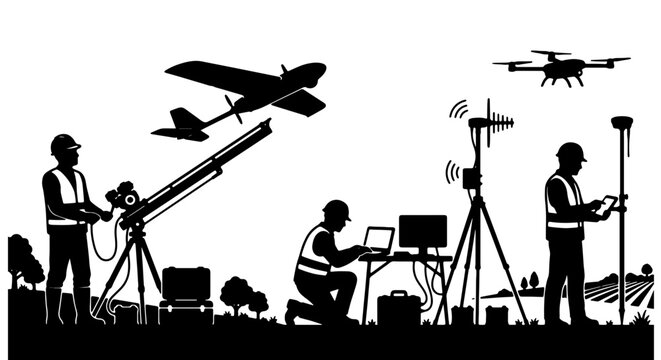 Aerial Surveying Drone Technology, Precision Mapping Equipment, Geodetic Surveying Tools, Vector Silhouette Set