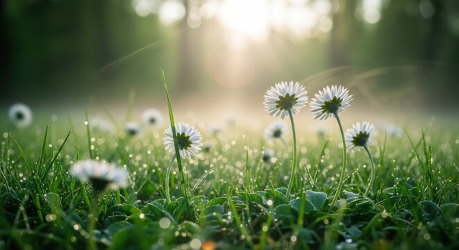Low angle view of beautiful white daisies in a dew covered morning meadow