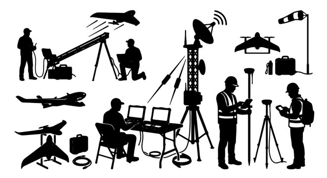 Drone Technology and Surveying Equipment Set, Aerial Surveillance and Geospatial Mapping Icons, Precision Navigation and Control Systems