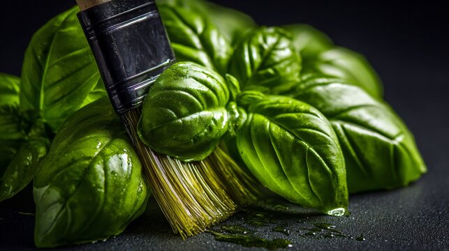 A macro shot of basil leaves being lightly brushed with olive oil, highlighting gloss and rich green tones against a dark background