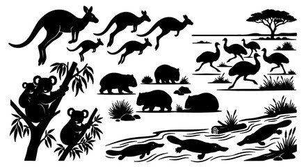 Australian Wildlife Silhouette Collection: Kangaroos, Koalas, Emus, Wombats, Platypus, Vector Art for Nature and Travel Designs © Ehsanur