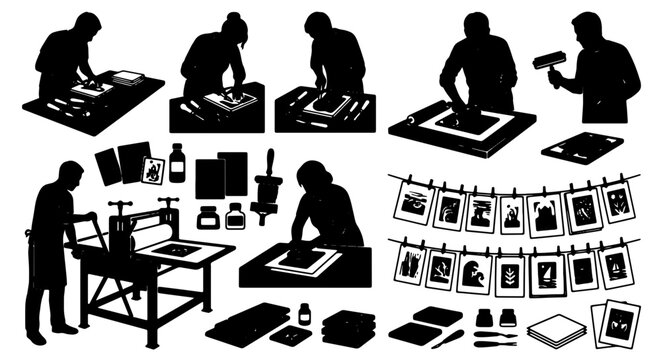 Printmaking Studio Silhouettes, Artist Workshop Icons, Crafting Process Vector Set, Graphic Design Elements
