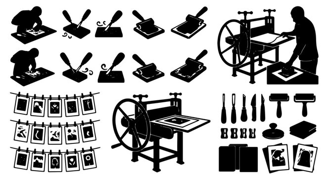 Vintage Printing Press Icons, Linocut Tools, and Art Studio Equipment Set. Retro Graphic Design Elements for Printmaking and Craft Projects.