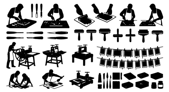 Printmaking Studio Icons, Artist Workshop Tools, Graphic Design Elements, Silhouettes of Crafting and Art Creation