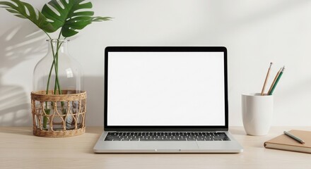 Fototapeta premium Minimalist home office desk setup with an empty laptop screen for website mockups