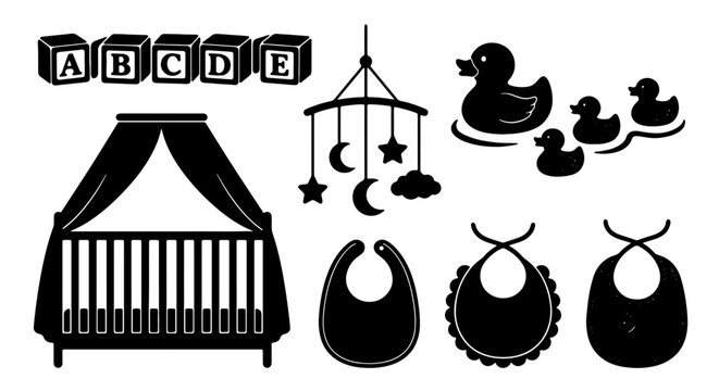 Baby Nursery Essentials Vector Icons Set: Crib, Mobile, Ducklings, ABC Blocks, Bibs, Newborn Care Graphics