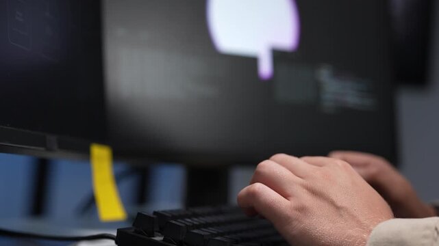 Close up view of a desktop computer screen displaying complex software database coding lines and a digital interface layout during a tech startup session.