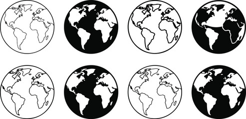 Obraz premium World map and global earth icons set with geography, international connection and planet symbols for navigation concepts