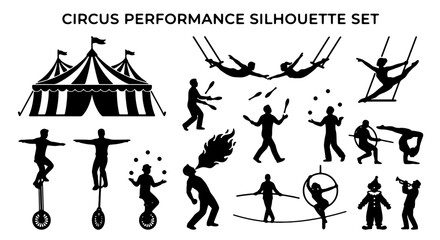 Circus Performance Silhouette Set, Vector Graphics of Acrobatics and Tent, Entertainment Icons for Events and Shows, Black and White Graphics © Ehsanur
