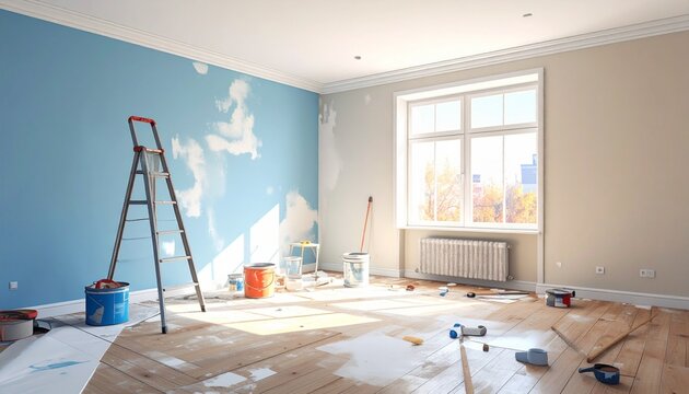 Bright room renovation with ladder and painting supplies.