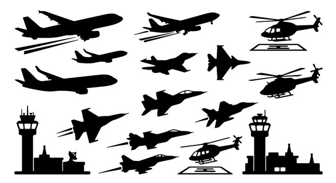 Jet Fighter and Helicopter Silhouettes, Aviation Icons, Aircraft Collection, Air Traffic Control Towers, Transportation Vector Set