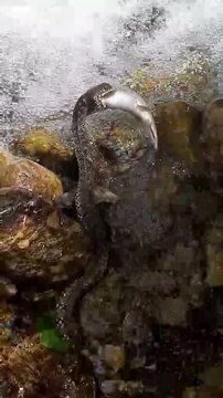 Grass snake Natrix natrix catching and swallowing European chub Squalius cephalus in fast mountain river. Predator reptile hunting freshwater fish among wet rocks and waterfall current.