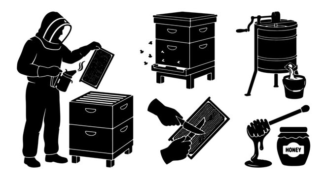 Beekeeping Equipment and Process Vector Icons: Beekeeper, Hive, Honey Extractor, Honey Jar, Honey Dipper, Honeycomb Frame Harvesting
