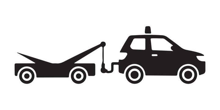 Black silhouette of a tow truck assisting a vehicle with a flat tire silhouette