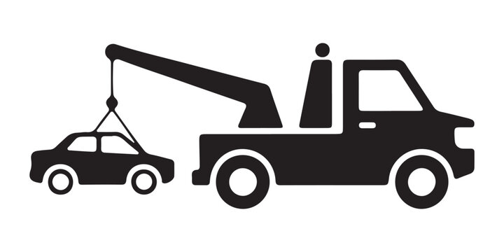 Tow truck lifting a car with a hook black and white silhouette
